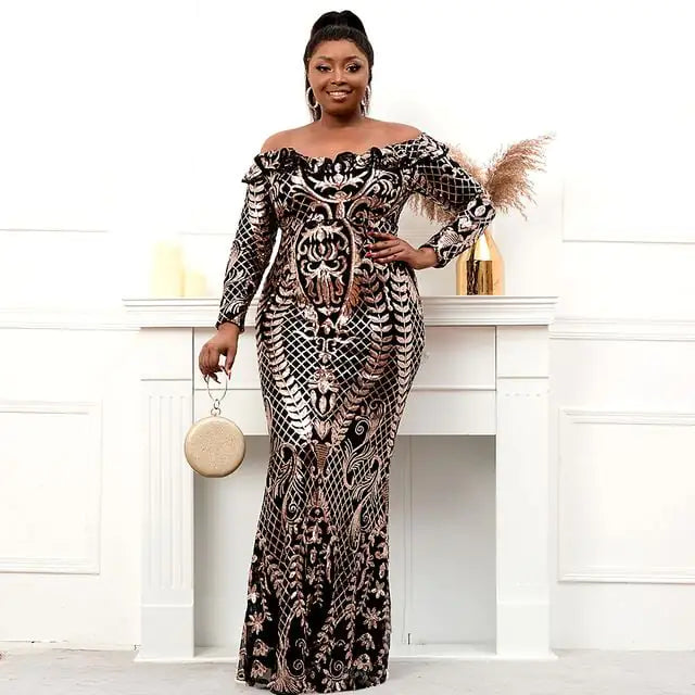 Plus Size Long Sleeve Sequin Evening Dress for Women