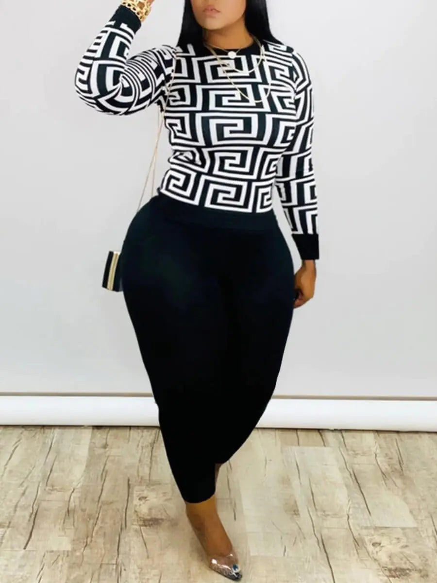 Plus Size Geometric Print Pants Set for Women