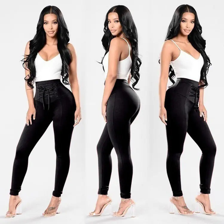 Plus Size Cotton Lace-Up Pencil Trousers for Women