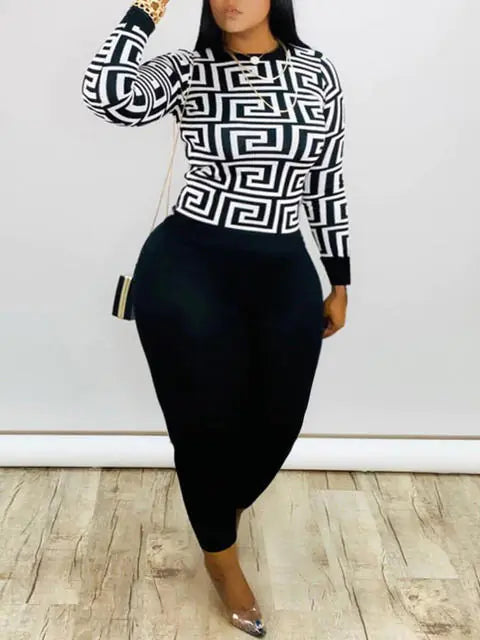 Plus Size Geometric Print Pants Set for Women
