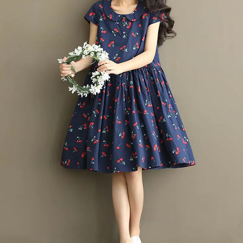 Plus Size Cherry Print Cotton Linen Dress for Women