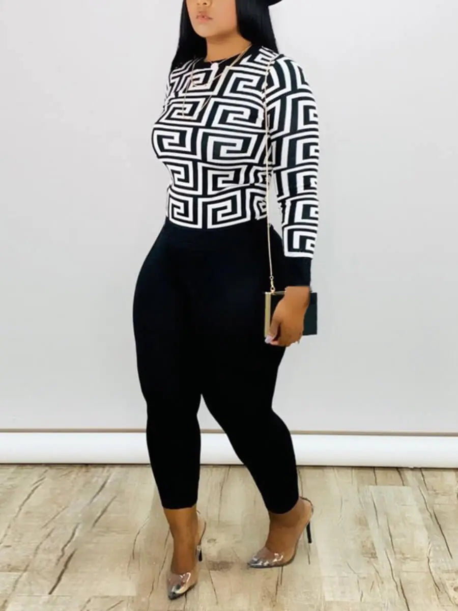 Plus Size Geometric Print Pants Set for Women