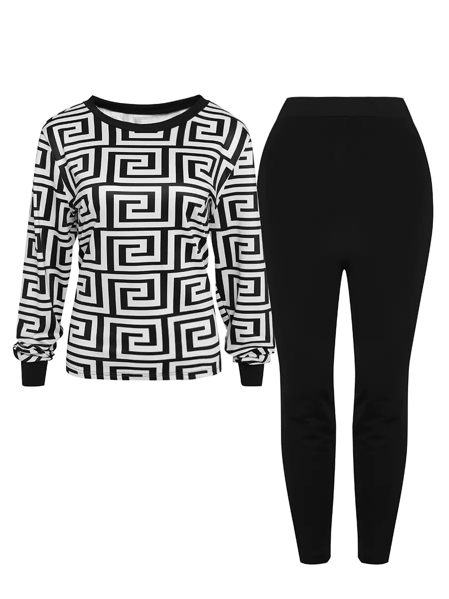 Plus Size Geometric Print Pants Set for Women