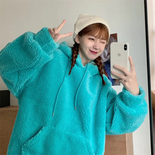 Plus Size Thick Lambskin Hooded Sweater for Women