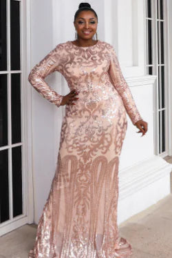 Plus Size Long Sleeve Sequin Evening Dress for Women