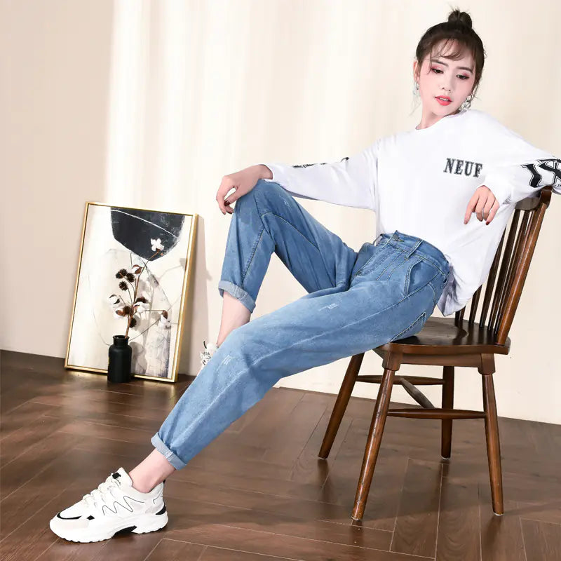 Plus Size Loose High Waist Denim Pants for Women