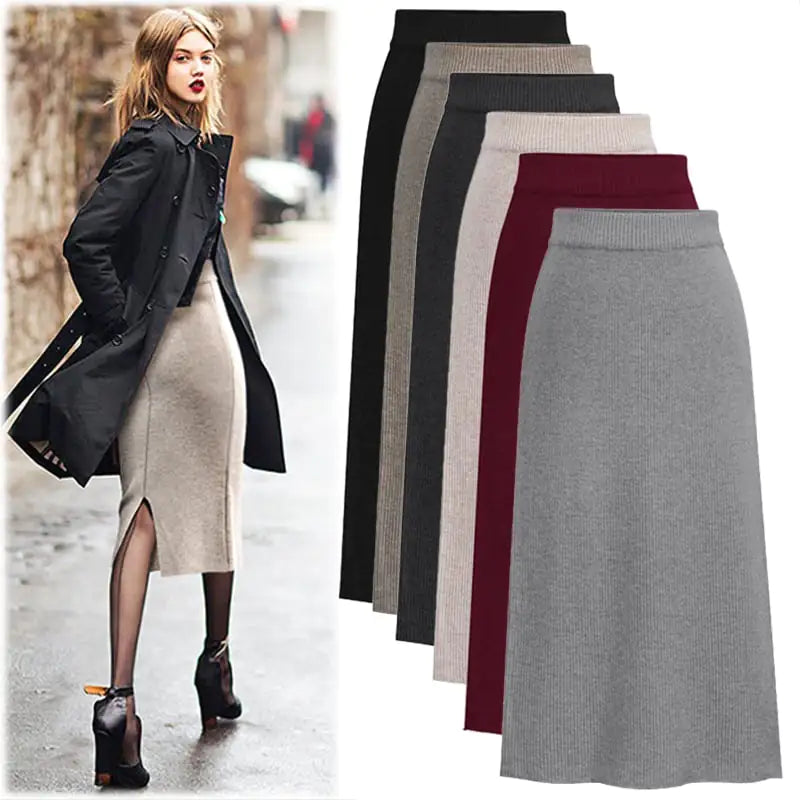 Plus Size High-Waisted Wool Long Skirt for Women