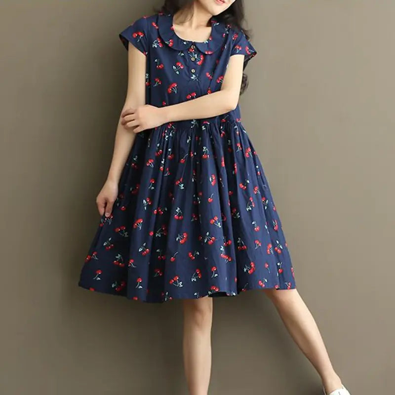 Plus Size Cherry Print Cotton Linen Dress for Women
