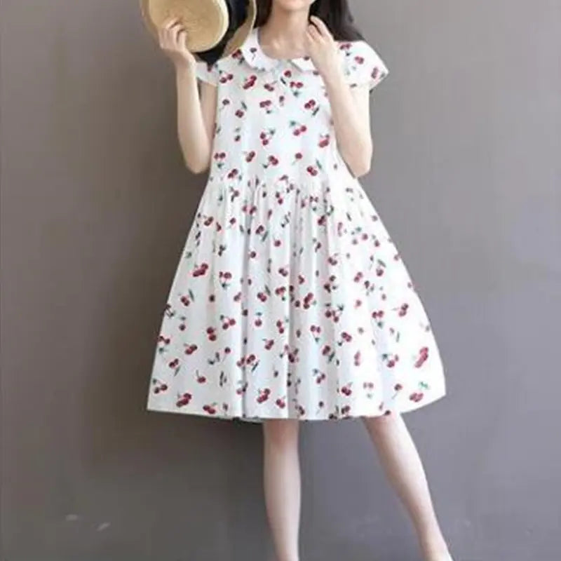 Plus Size Cherry Print Cotton Linen Dress for Women