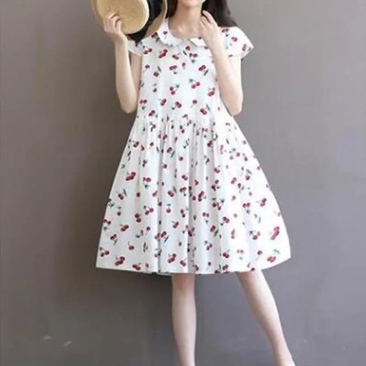 Plus Size Cherry Print Cotton Linen Dress for Women