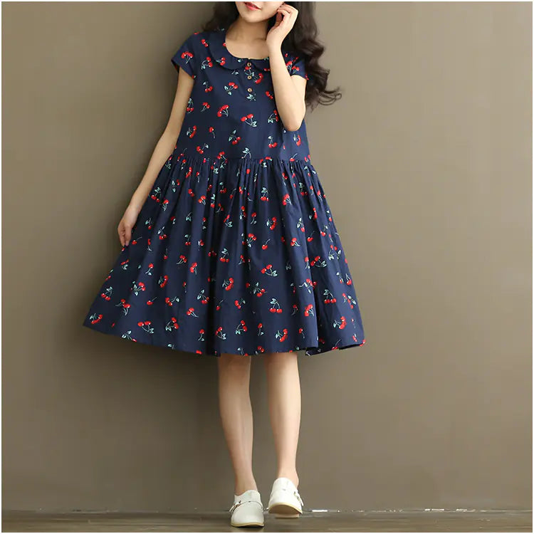 Plus Size Cherry Print Cotton Linen Dress for Women