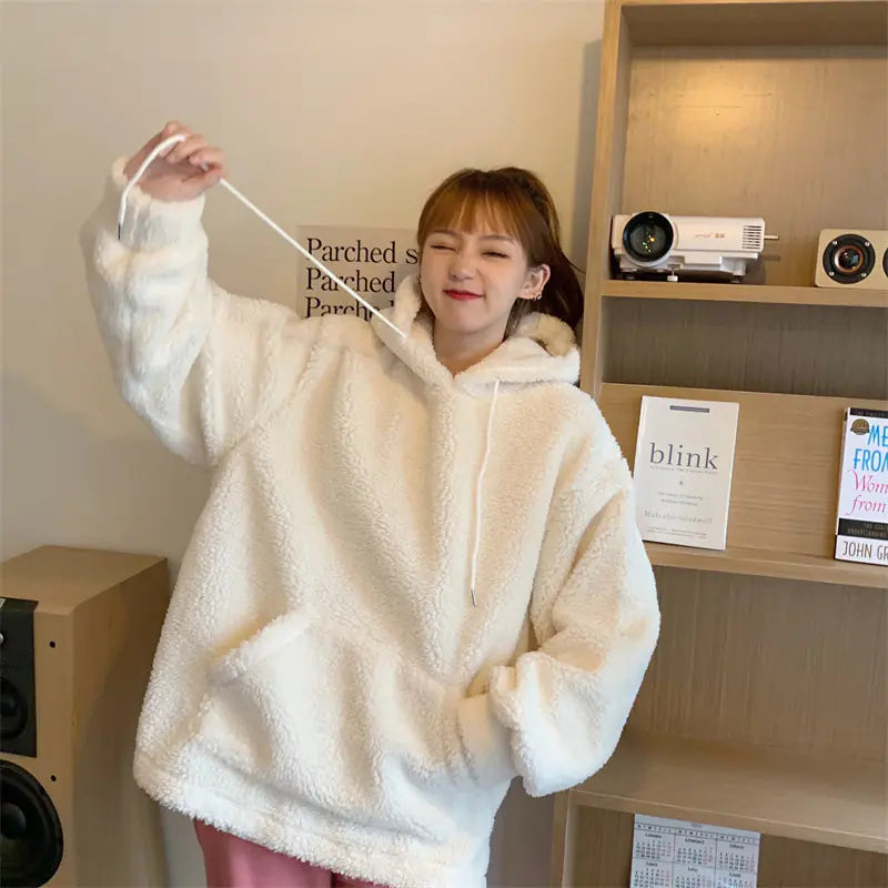 Plus Size Thick Lambskin Hooded Sweater for Women