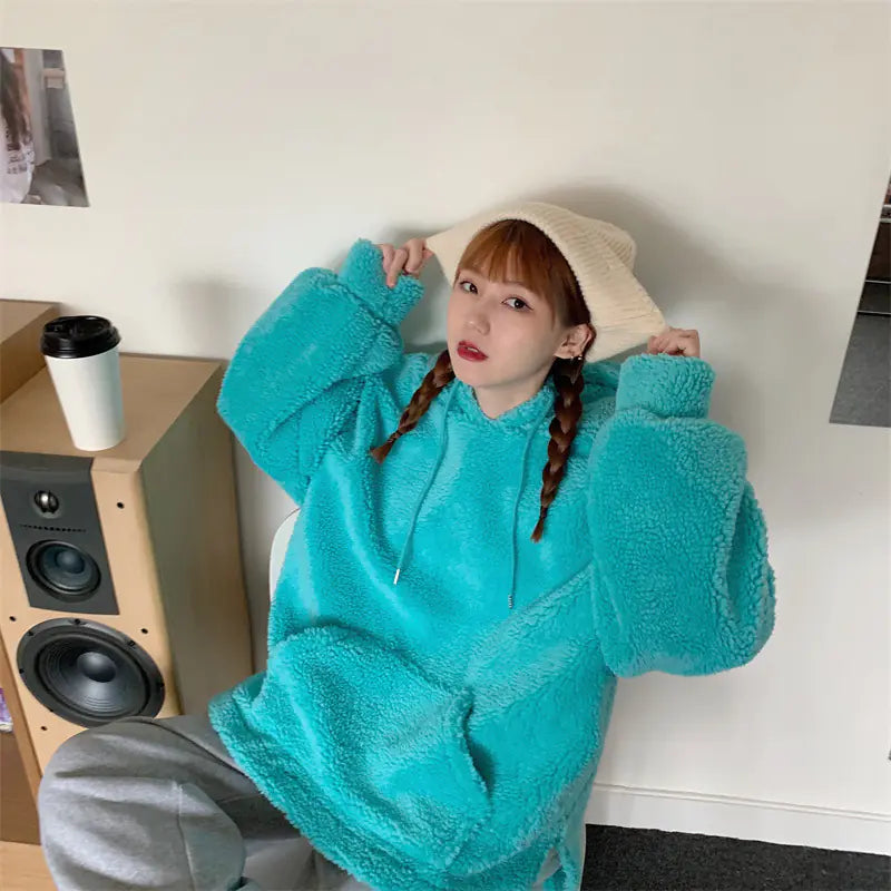 Plus Size Thick Lambskin Hooded Sweater for Women